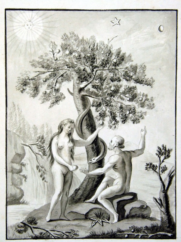 Adam et Eve au pied de l’arbre de la Connaissance, avec le serpent tentateur leur offrant la pomme