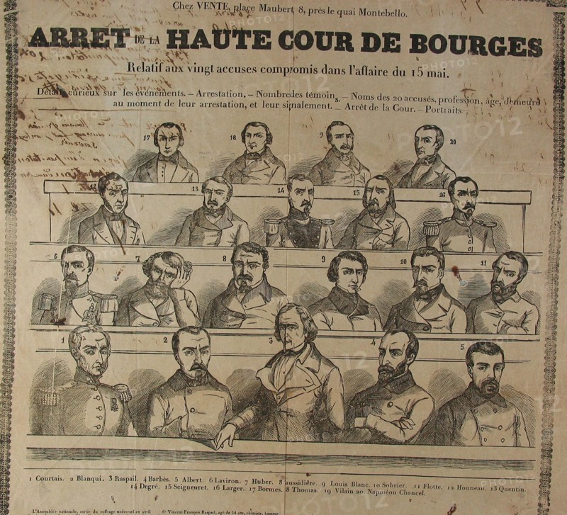 Poster depicting the judgement of the Haut Cour de Bourges concerning the 20 defendants involved in the affair of 15th May 1848