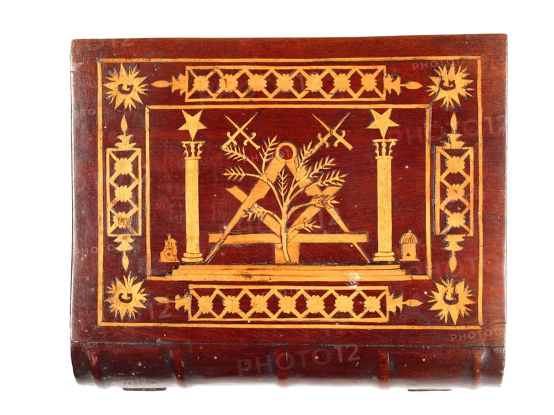 Wooden book-shaped casket with Masonic decoration.