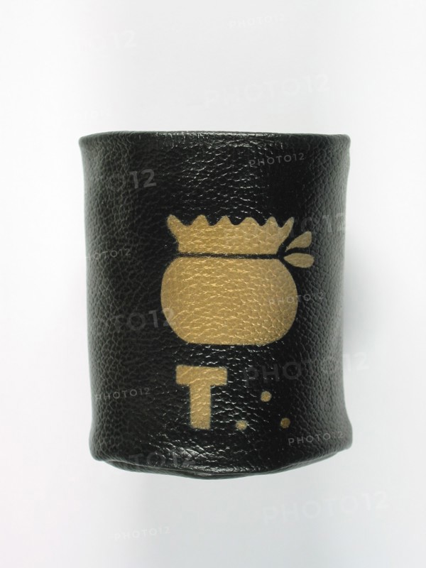 Tronc Hospitalier en cuir peint, bronze de la loge Arts et métiers de Paris, 12 x 8 cm, fin du 20e siècle.