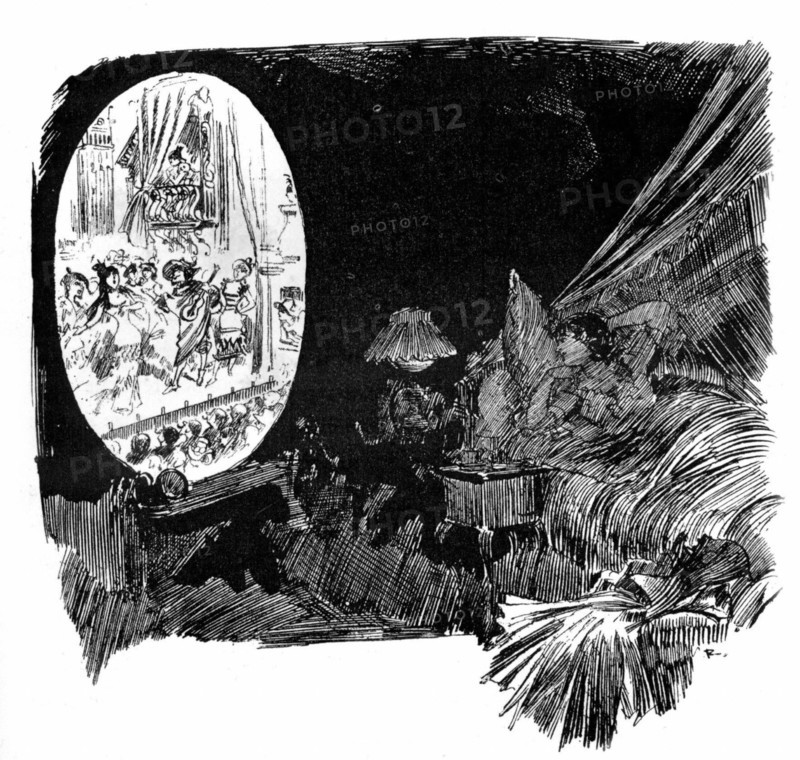 Theater at home with the telephonescope, illustration by Robida