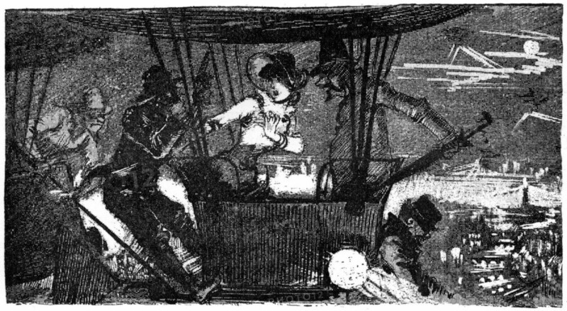 Night aerial attack, illustration by Robida
