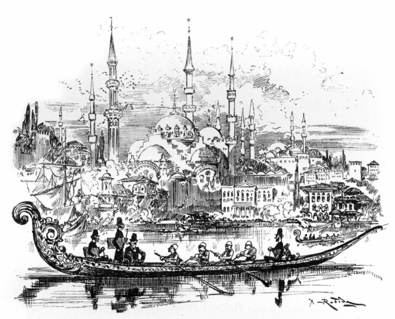 Congress of justices going to seize the Ottoman door, illustration by Robida