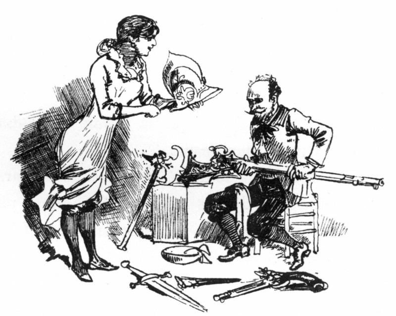 The shining and polishing of weapons  in the families, illustration by Robida