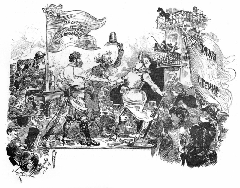 Le bataillon des Droits de l'homme et le bataillon des Droits de la femme aux barricades, illustration de Robida