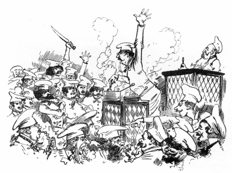 A cook's conference, illustration by Robida