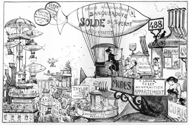 Advertising on the rooftops, illustration by Robida