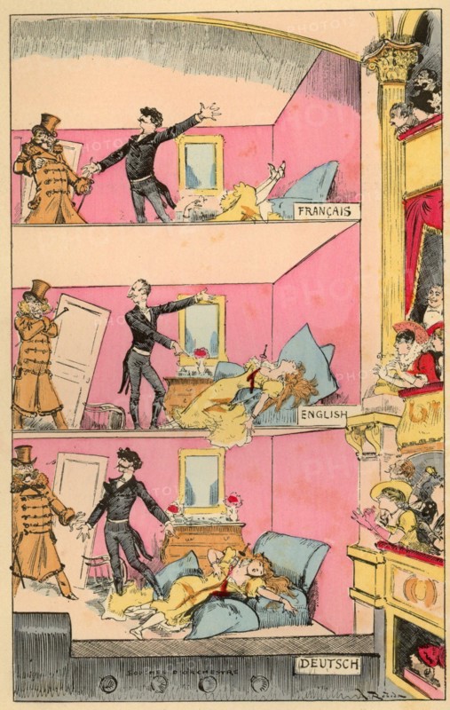 Théâtre en trois langues, illustration de Robida