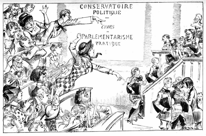 The political conservatory, parliamentarianism  classes, illustration by Robida