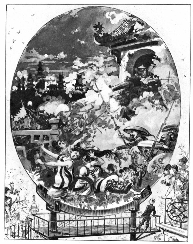 Parisiens assistant par le téléphonoscope aux horreurs du sac de Pékin, illustration de Robida