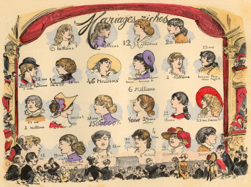 Variety Theater,  curtain displaying matrimonial want ads, illustration by by Robida