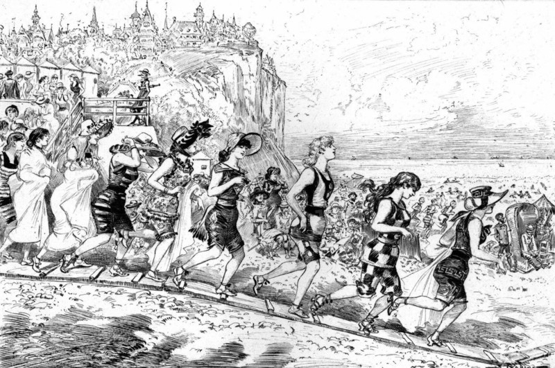 Matrimonial agency at the seaside, illustration by Robida
