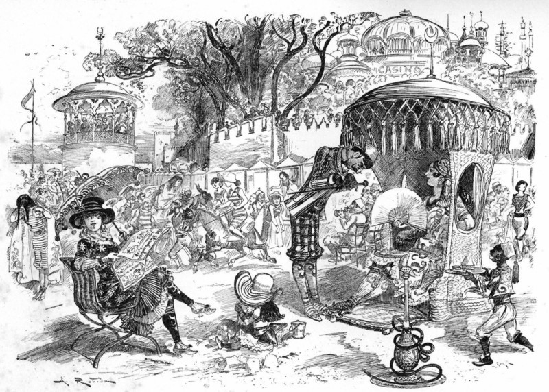 The beach at Constantinople-les-bains, illustration by Robida