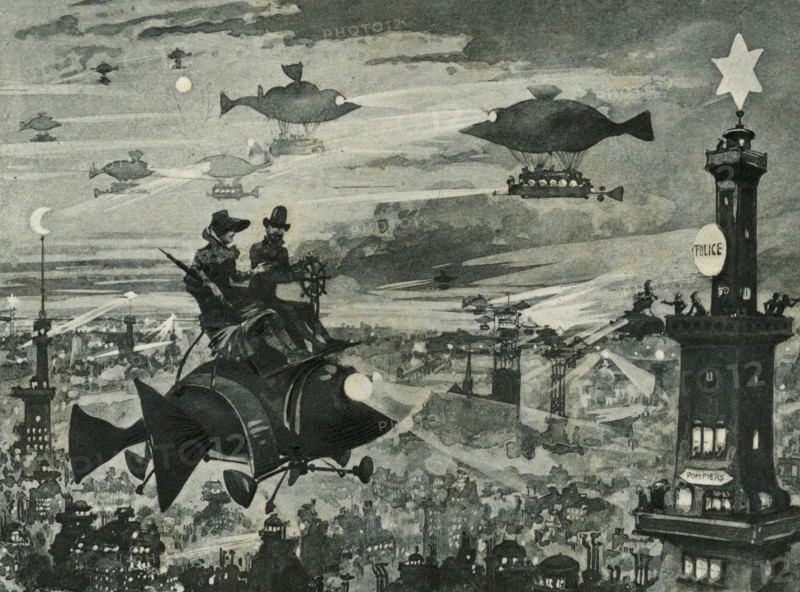 Aerial view of Paris, illustration by Robida