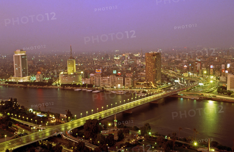 NIGHT VIEW OF THE NILE RIVER RUNNING THROUGH CAIRO, EGYPT