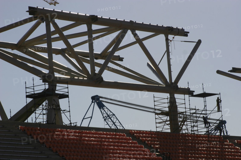 Imported roof positioned.  Soccer City stadium which will host the World Cup final is steadily taking shape. Near Soweto in Johannesburg, South Africa