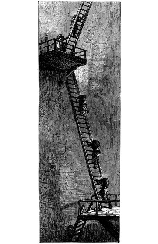 Women climbing ladders to carry coal up a mineshaft