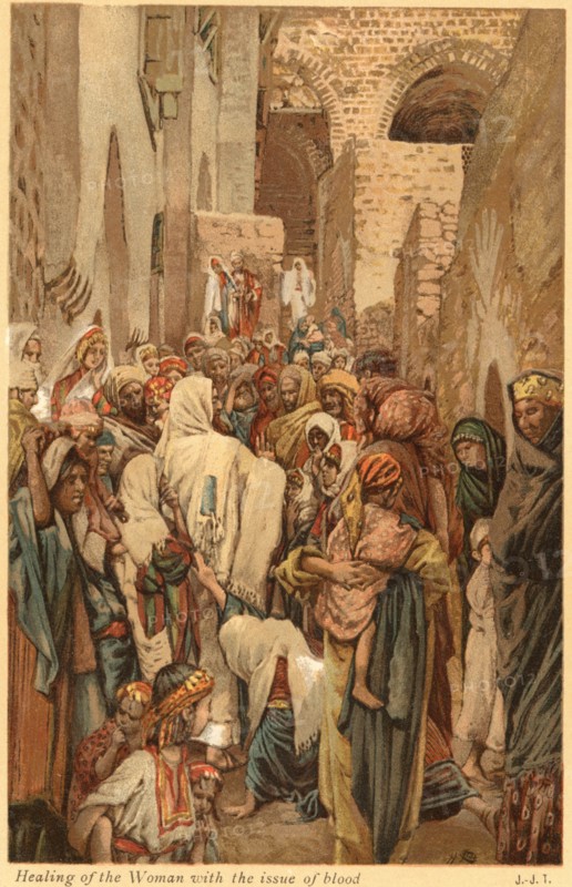 Woman with issue of blood touching the border of Jesus' garment and being  healed of her affliction