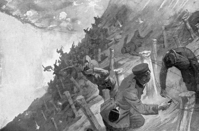 Russo-Japanese War 1904-1905, Japanese troops massacred as they cross barbed wire entanglements