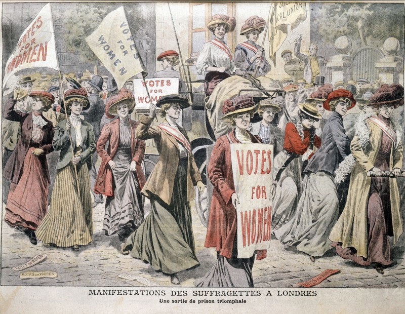 English suffragettes Edith New and Mary Leigh being carried triumphantly through London streets
