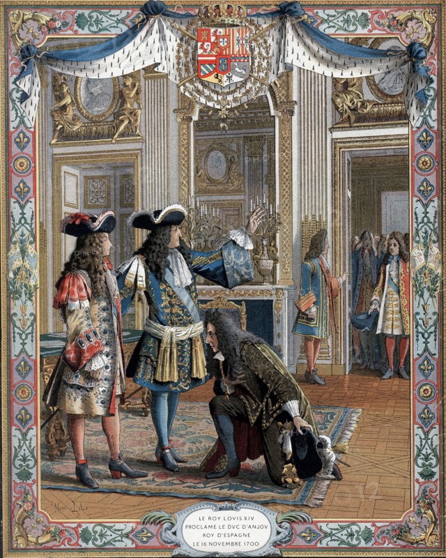Chromolithograph showing Louis XIV proclaiming duc d'Anjou, his grandson, king of Spain