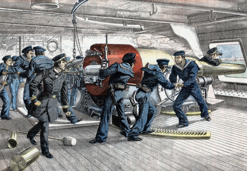 Russo-Japanese War 1904-1905, scene on gun deck of a Japanese warship during action