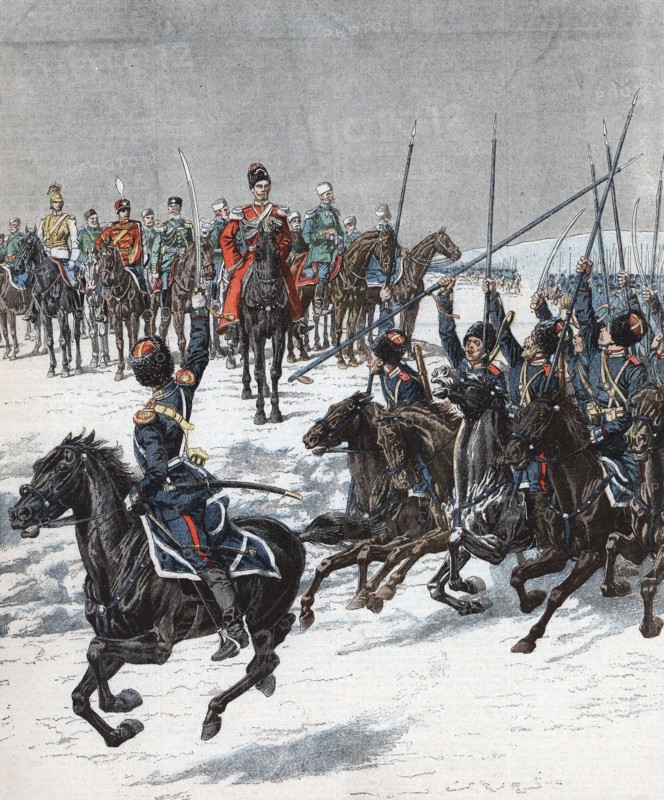 Guerre russo-japonaise 1904-1905, le Tsar Nicolas II passe les troupes cosaques en revue