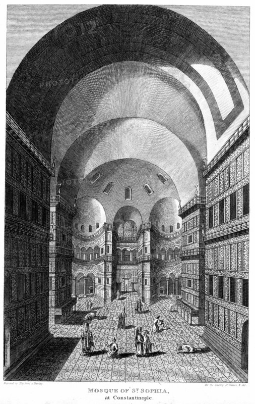 Interior of Hagia Sophia, Constantinople, completed as cathedral in 537. Here in use as a Mosque.