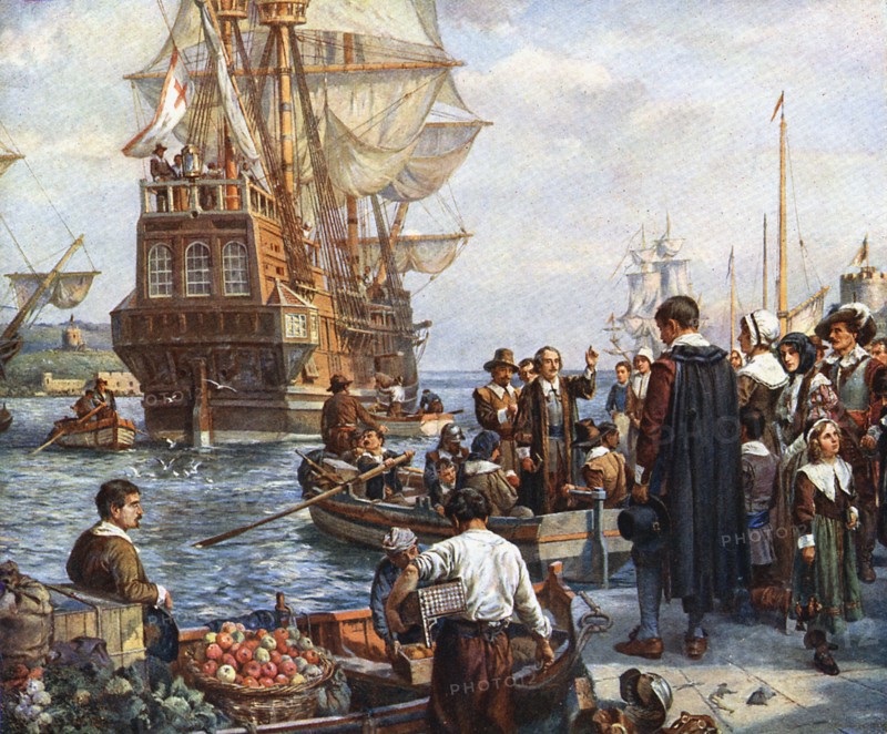 The Pilgrim Fathers boarding the 'Mayflower' for their voyage to America.