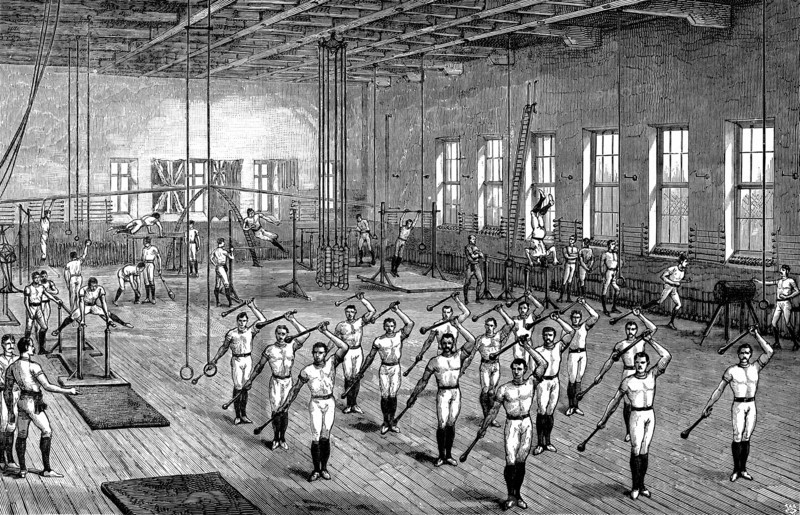 Engraving showing the Young Men's Christian Association exercising in a gymnasium