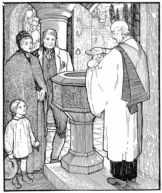 Engraving showing an artisan family having their child baptised, 1904