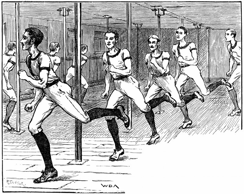Engraving showing the Young Men's Christian Association exercising in a gymnasium