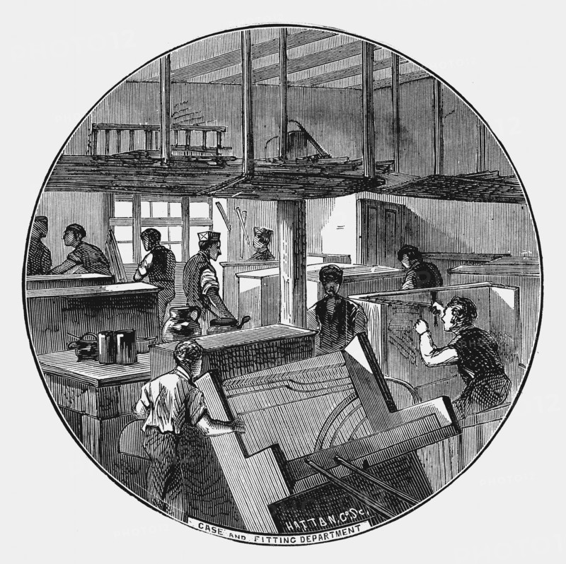 Engraving showing the case and fitting department, Chappell & Company's piano works