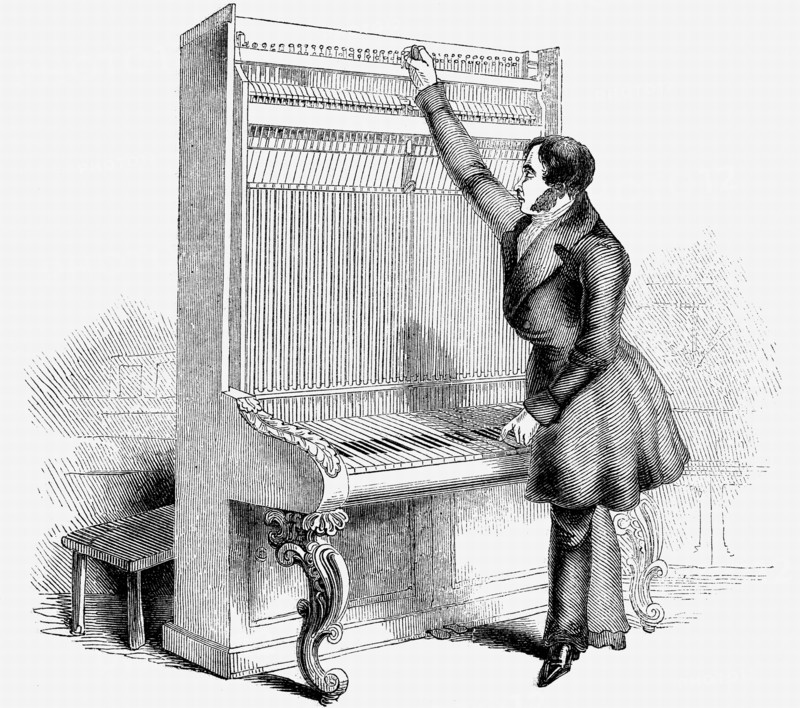 Engraving showning a man tuning a Broadwood Cabinet piano
