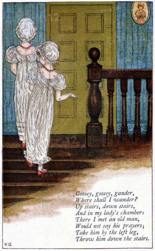 Illustration by Kate Greenaway (1846-1901) for a book of nursery rhymes 'Goosey, goosey gander, where shall I wanter?'