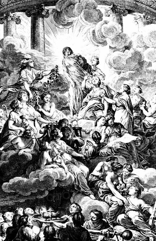 Engraving showing the allegorical frontispiece of Denis Diderot "Encyclopedie"