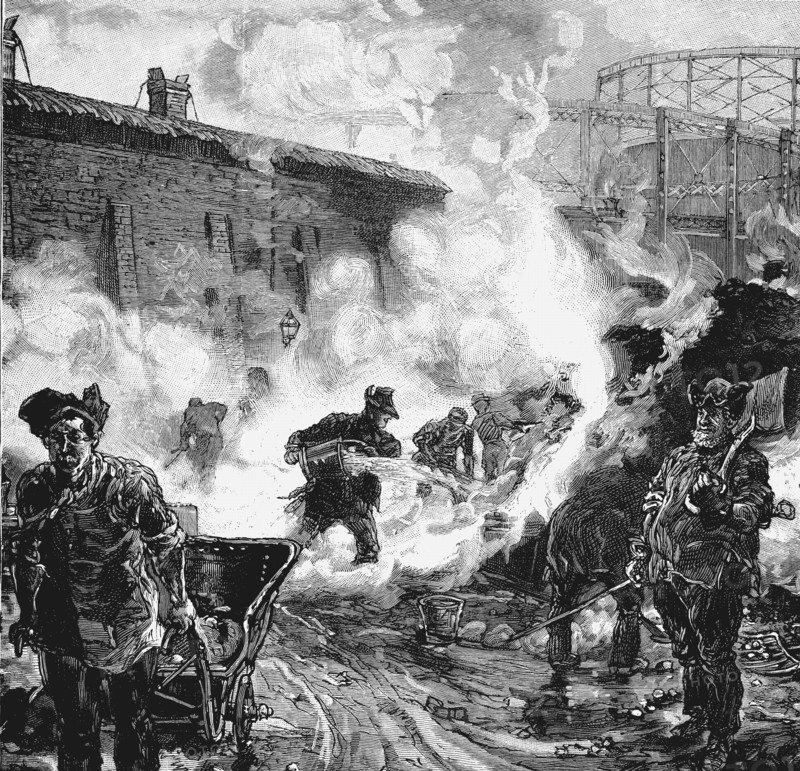 Hommes arrosant le coke de l'usine a gaz de la "South Metropolitan Gas Company" dans l'est de Greenwich a Londres