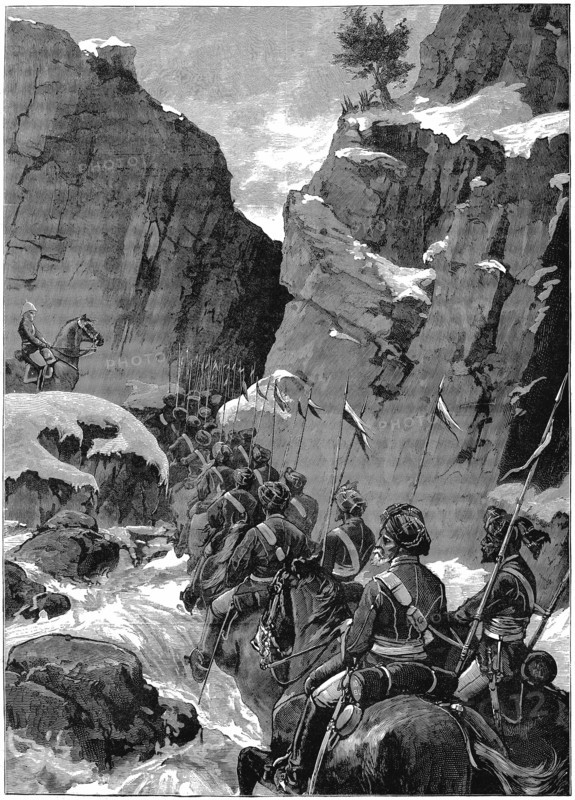Second Anglo-Afghan War (1878-1880) 10th Bengal Lancers negotiating the Jugdulluk Pass supervised by a British officer