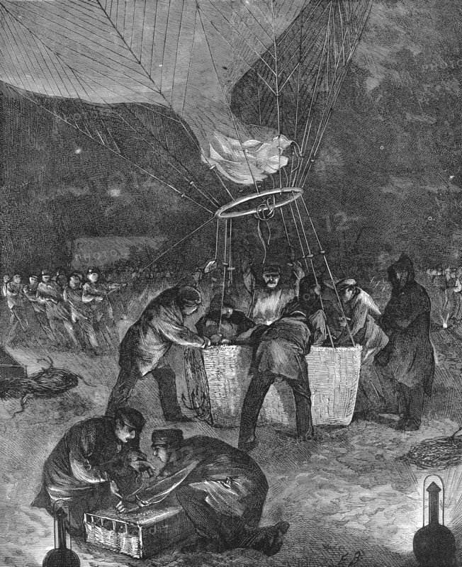 Balloon ascent from Gare du Nord, Paris, at night, to carry dispatches out of besieged city during Franco-Prussian War