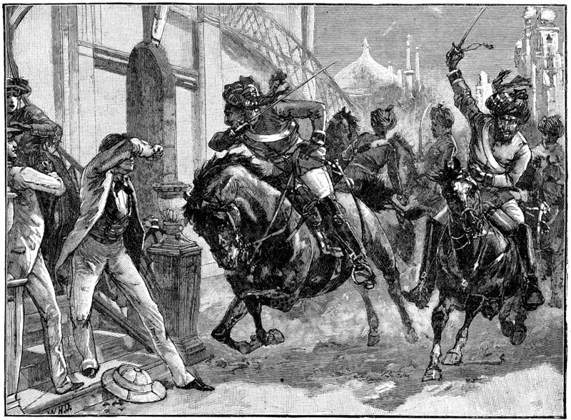 Indian Mutiny (Sepoy Mutiny) 1857-1859, mounted rebel Sepoys charging through the streets of Delhi