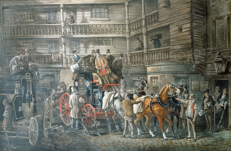 Inn yard with Mail Coach preparing to leave
