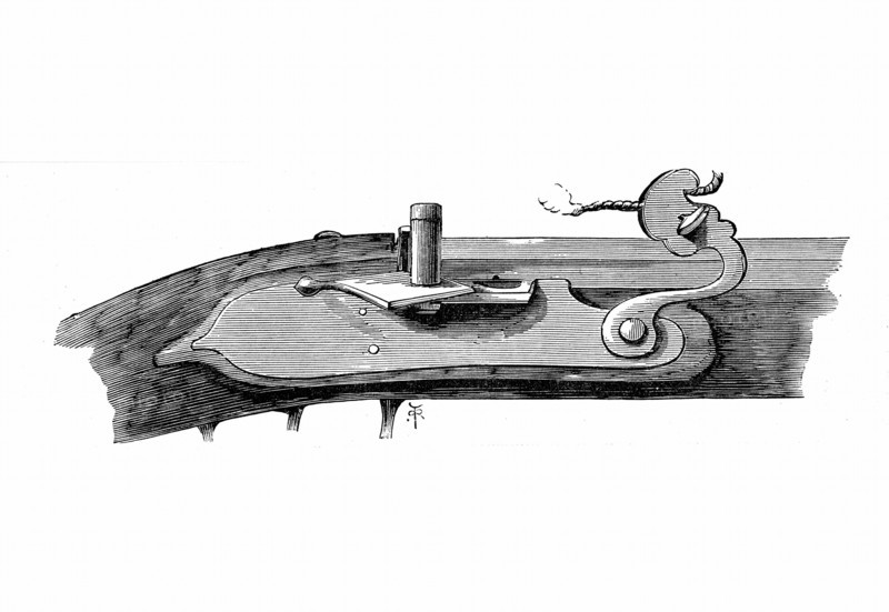 Engraving showing a matchlock mechanism in use on British firearms c1700