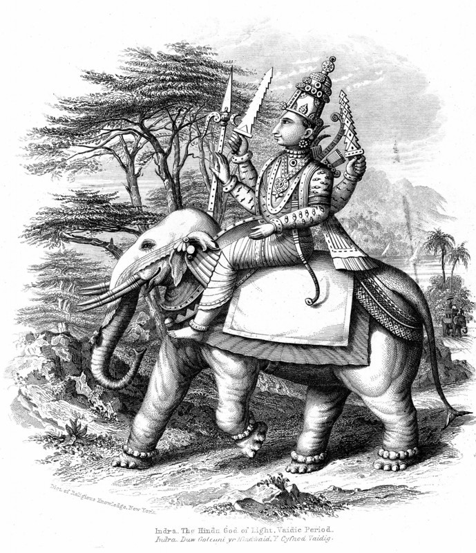 Indra, principal of the Vedic gods of India mounted on his elephant