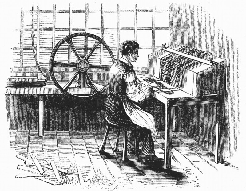 Man operating machine for punching cards for Jacquard looms