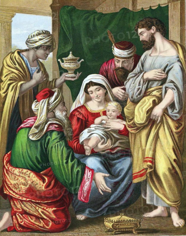 Les Rois Mages offrant leur présent symbolique à l'Enfant Jésus