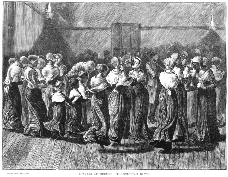 Shakers dancing at Meeting, holding hands palms upwards