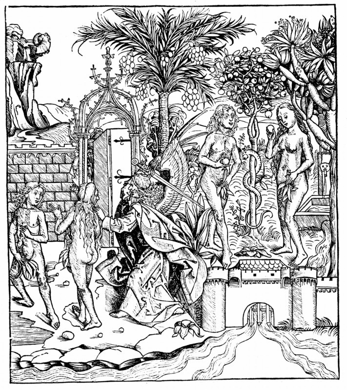 Adam and Eve, tempted by the Serpent, eat from the Tree of Knowledge
