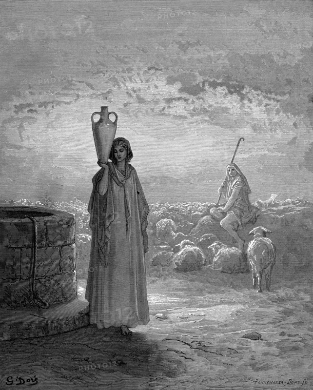Jacob, gardant le troupeau de Laban, aperçoit Rachel au puits