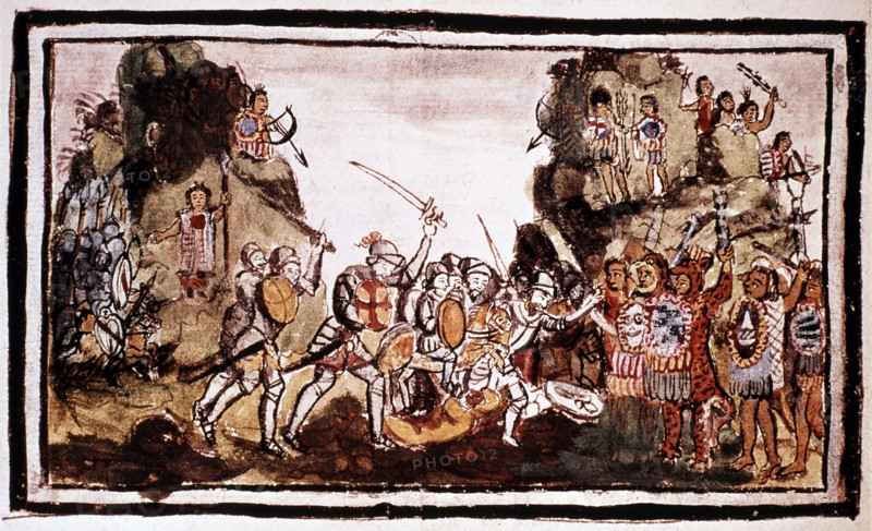 Spanish conquistador attacking natives in Mexico