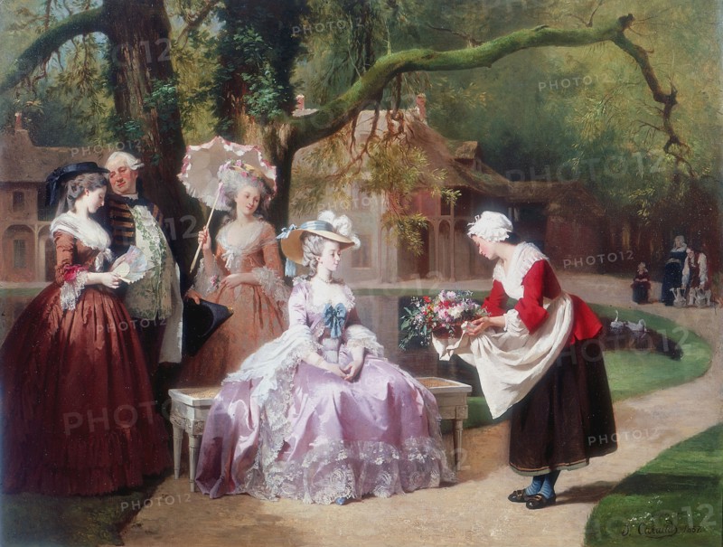 Empress Eugenie presented with bouquet by peasant girl